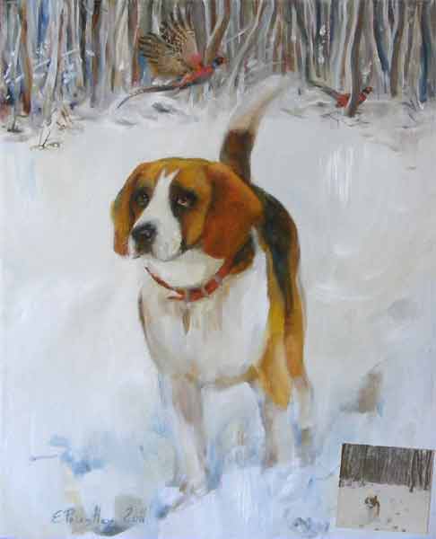 dog in a winter forest, pheasants